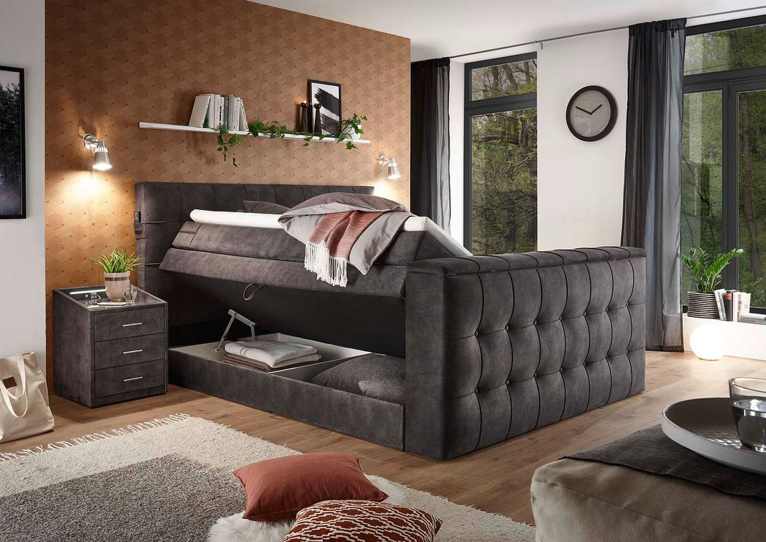 SET ONE Richmond — темно-серая Boxspring-кровать с поднятым основанием и открытым ящиком для хранения
