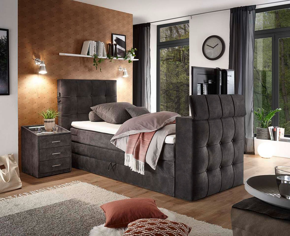 SET ONE Richmond — темно-серая Boxspring-кровать со встроенным телевизором, поднятым из изножья