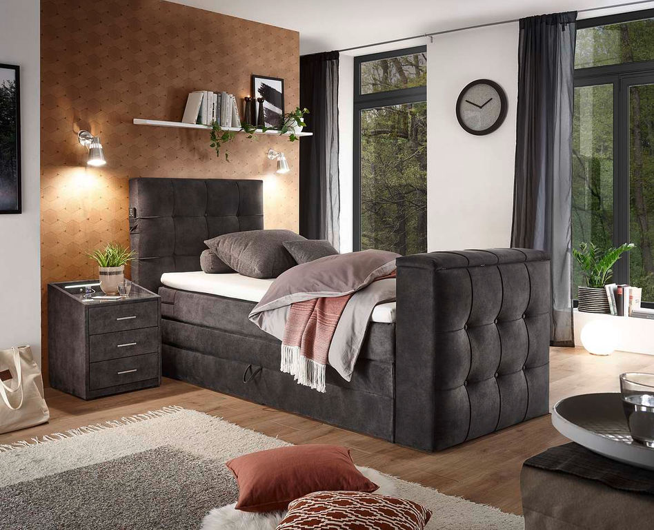 SET ONE Richmond — темно-серая Boxspring-кровать с высоким стеганым изголовьем и изножьем, фронтальный вид