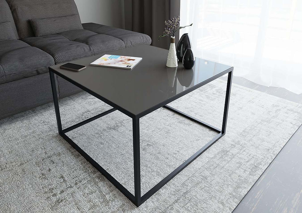 SET ONE Reno Anthrazit — квадратный журнальный стол 80×80 см в современной гостиной, вид под углом